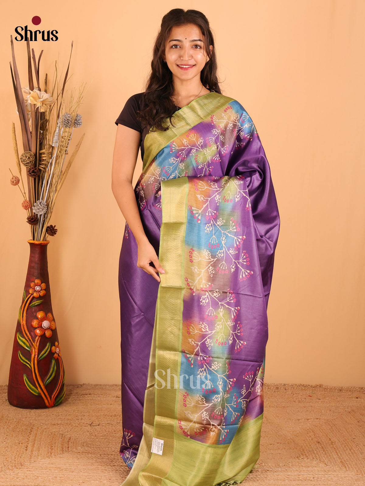 Purple & Green - Printed Tussar saree - DCS04443 - Shop on Shrus.com