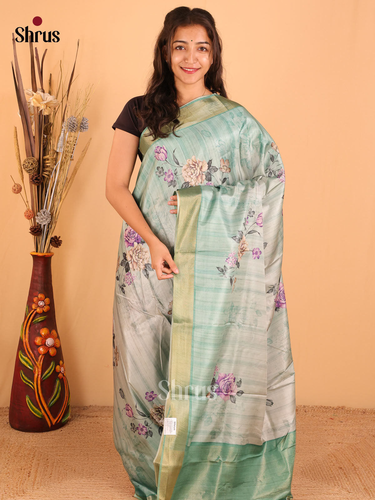 Mint Green - Printed Tussar saree - DCS04445 - Shop on Shrus.com