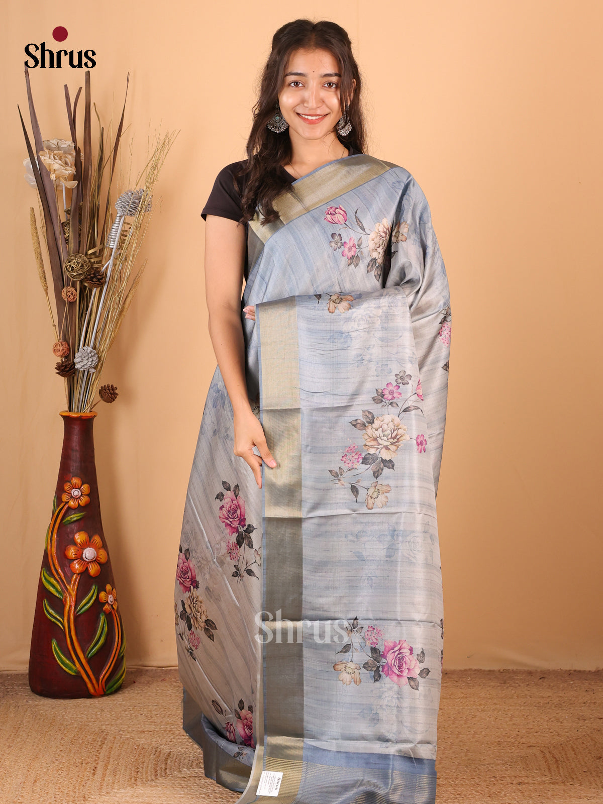 Blue - Printed Tussar Saree - Shop on Shrus.com