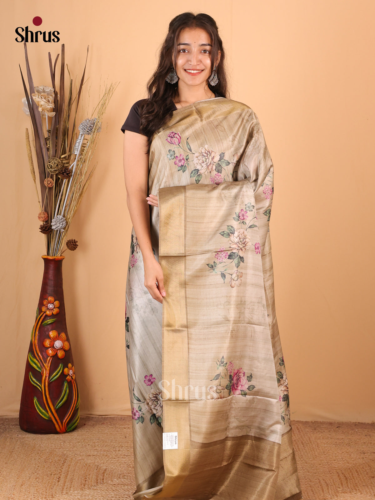 Grey & Brown - Printed Tussar Saree - Shop on Shrus.com