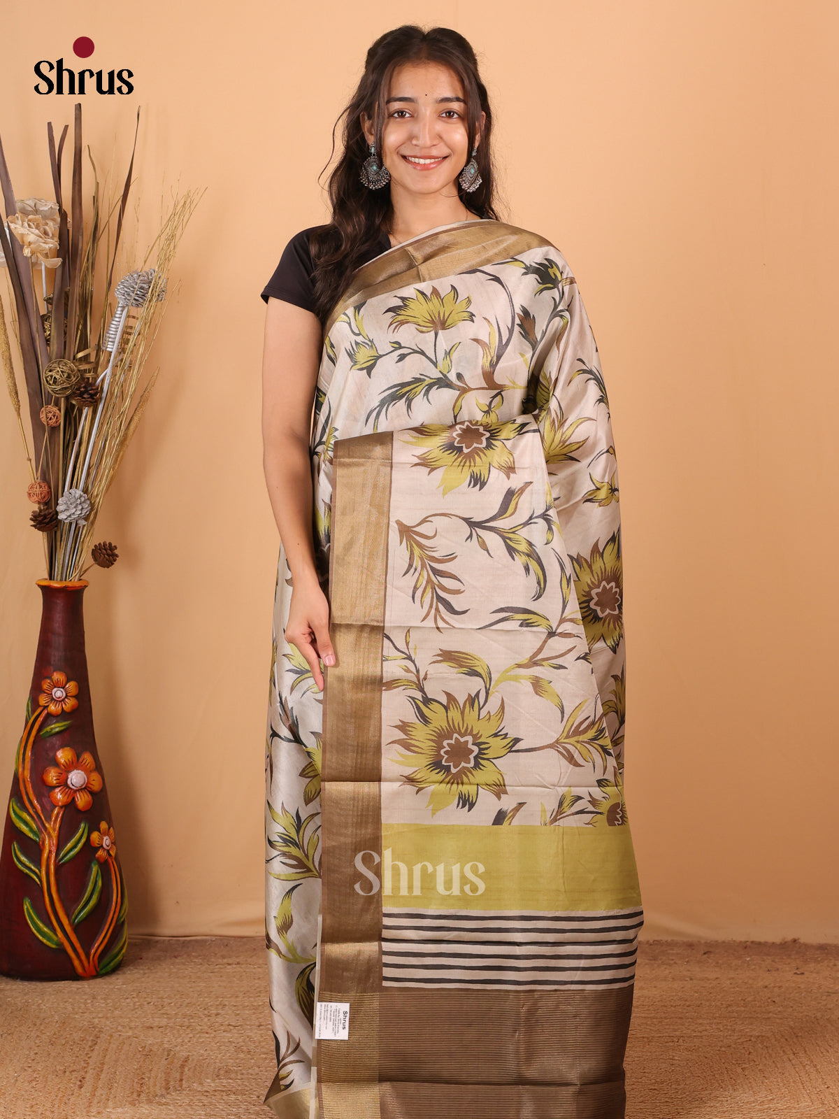 Cream & Brown - Printed Tussar Saree - Shop on Shrus.com