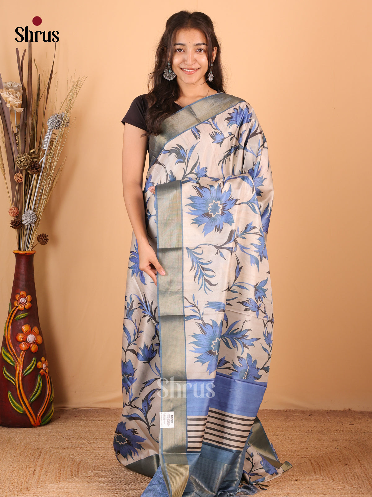 Cream & Blue - Printed Tussar Saree - Shop on Shrus.com
