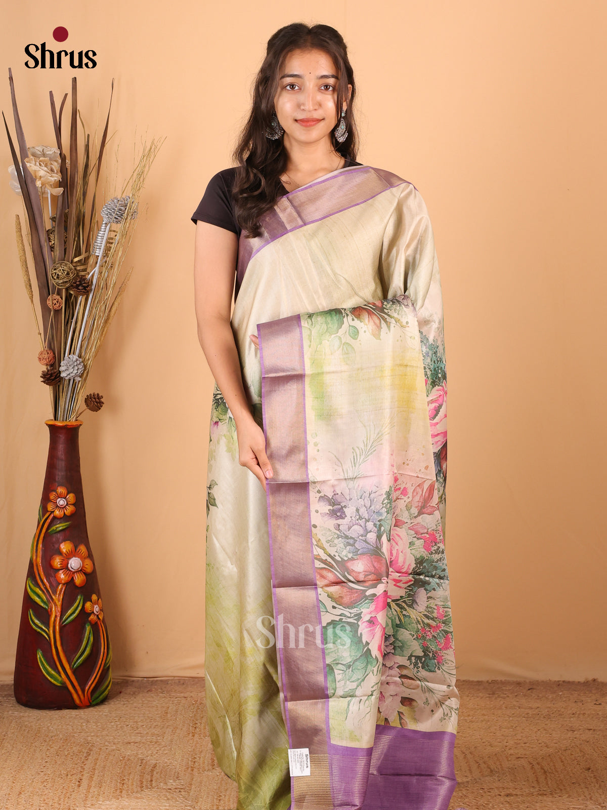 Lite Green & Purple - Printed Tussar Saree - Shop on Shrus.com