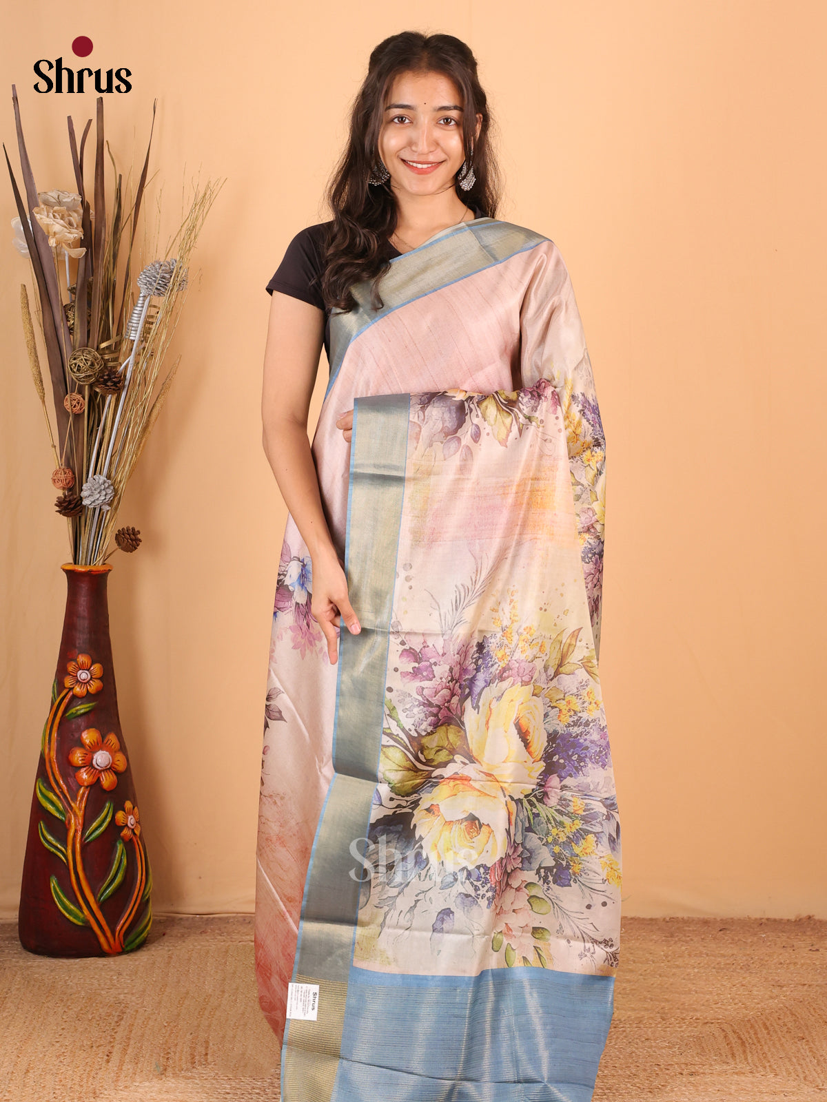 Pink & Blue - Printed Tussar Saree - Shop on Shrus.com