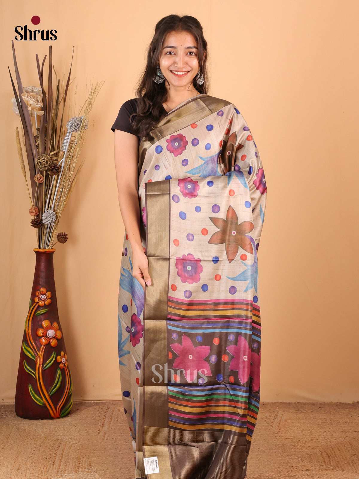 Cream & Grey - Printed Tussar Saree - Shop on Shrus.com
