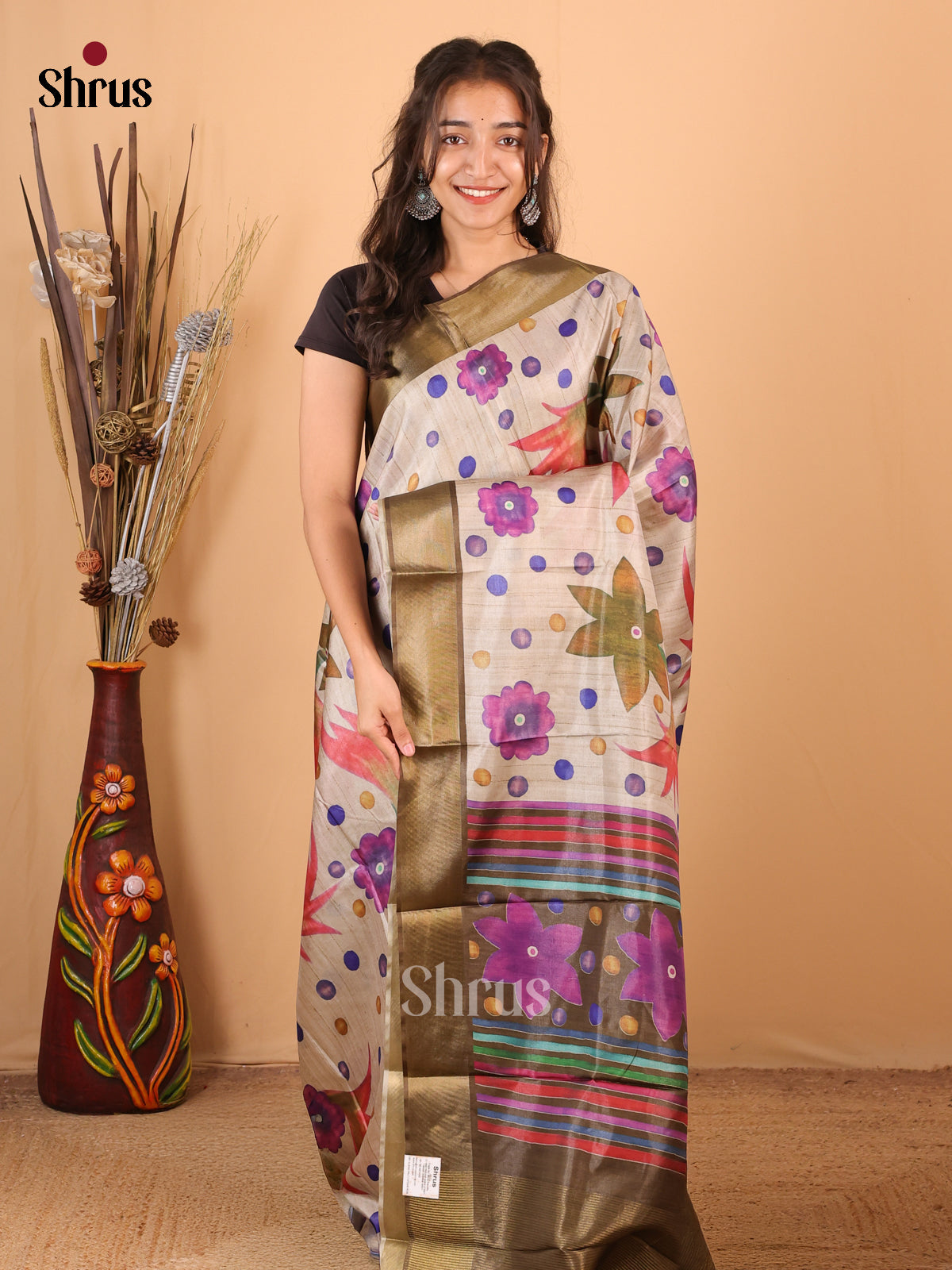 Cream & Brown - Printed Tussar Saree - Shop on Shrus.com