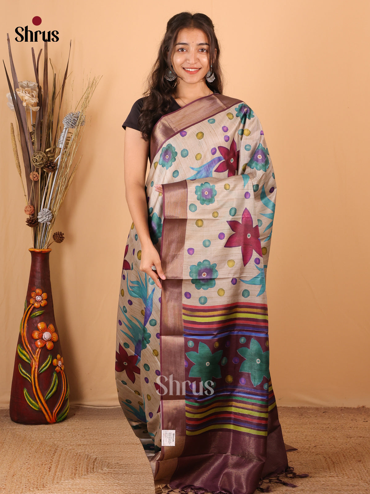 Cream & Jamun - Printed Tussar Saree - Shop on Shrus.com