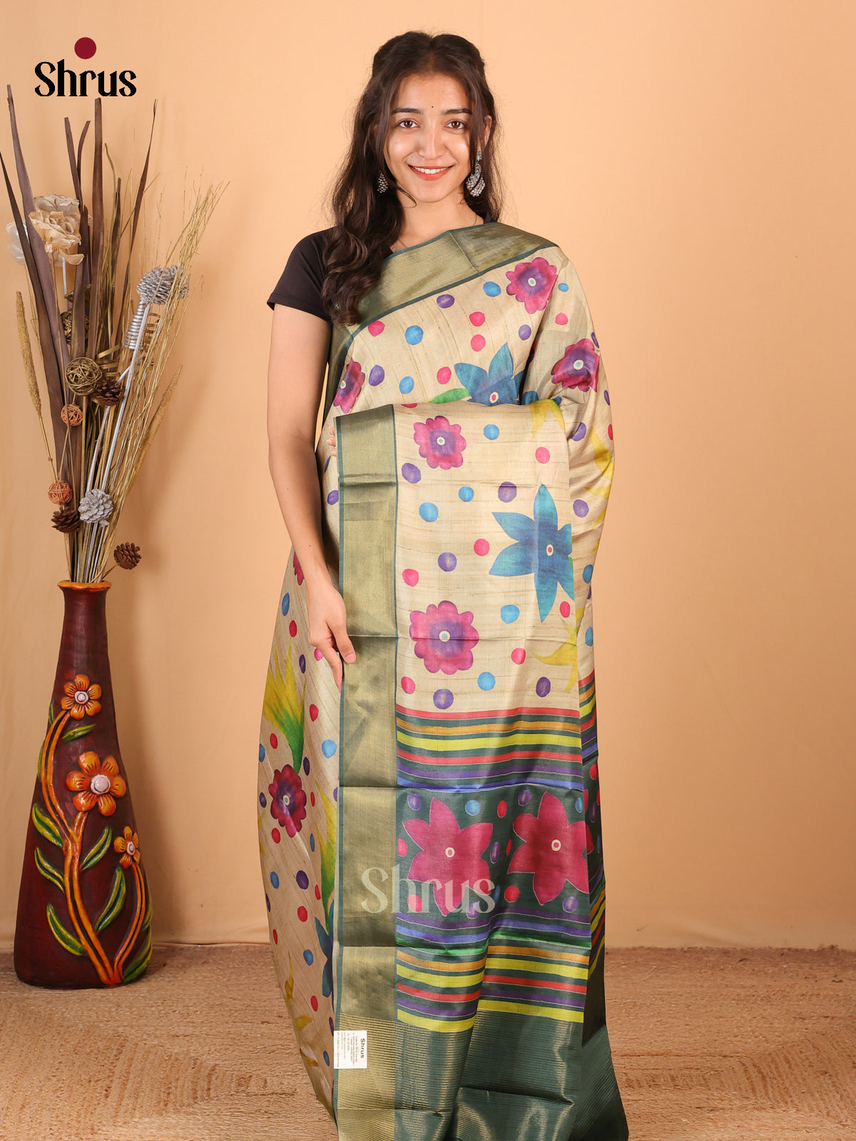 Lite Green & Green - Printed Tussar Saree - Shop on Shrus.com