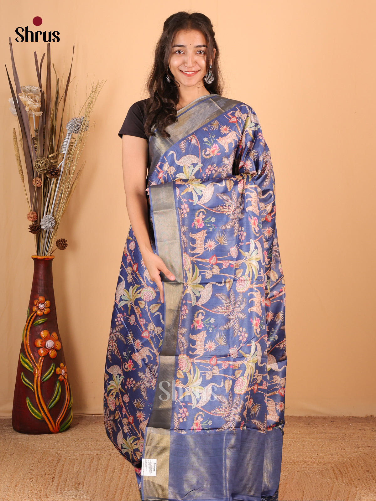 Blue - Printed Tussar Saree - Shop on Shrus.com