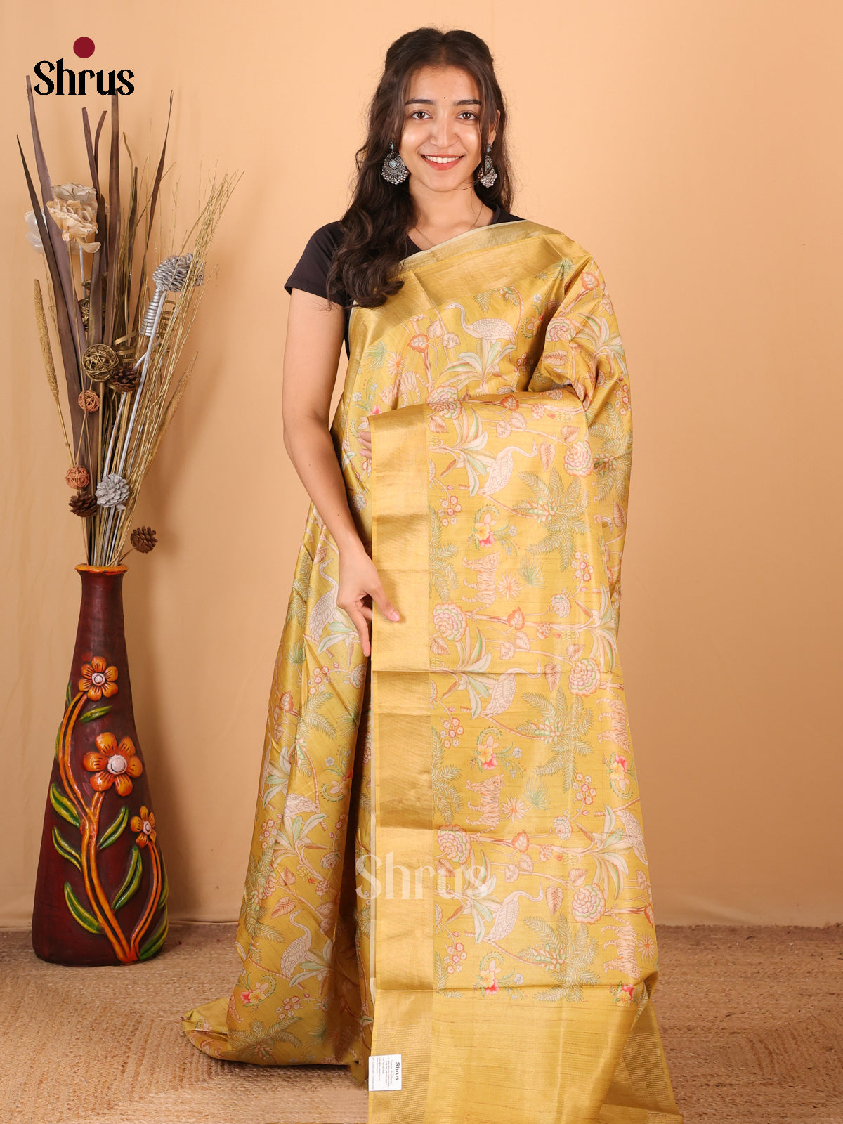 Mustard - Printed Tussar Saree - Shop on Shrus.com