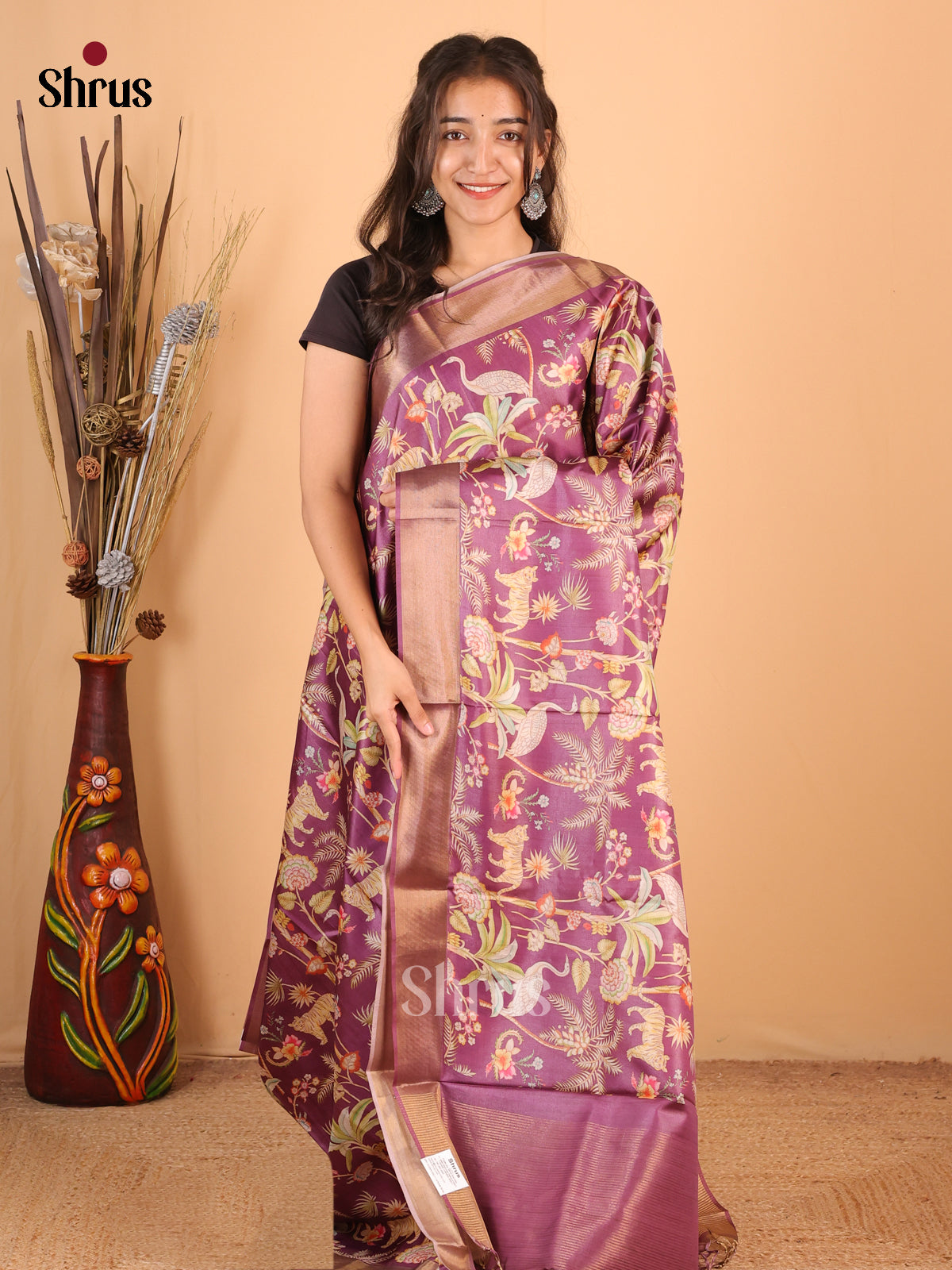 Purple - Printed Tussar Saree - Shop on Shrus.com