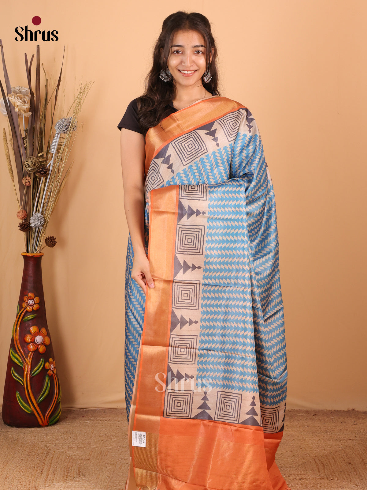 Blue & Brick - Printed Tussar Saree - Shop on Shrus.com