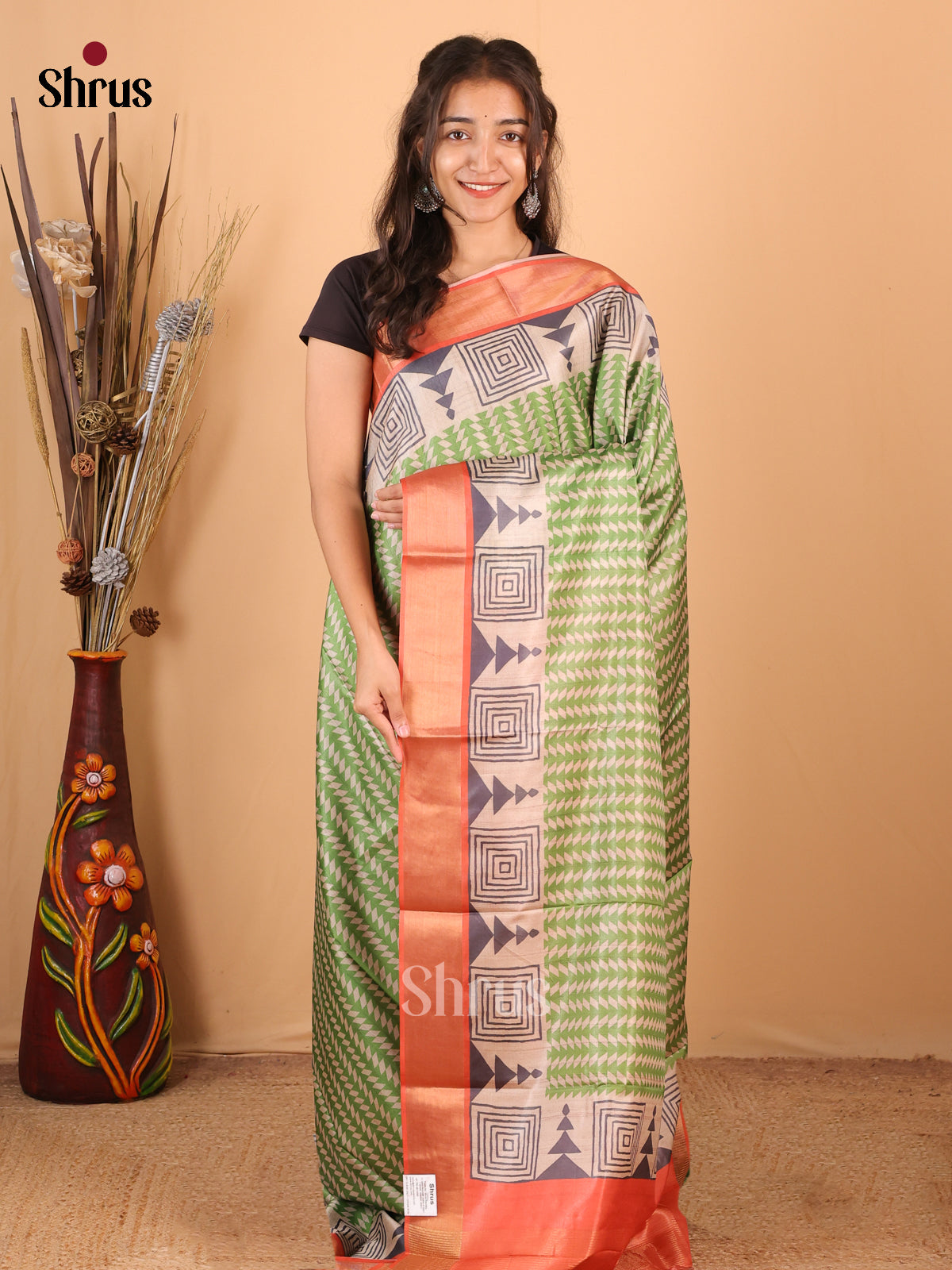 Green & Orange - Printed Tussar Saree - Shop on Shrus.com