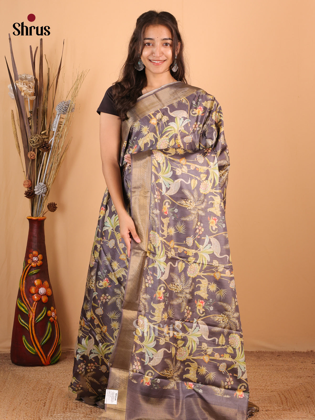 Grey - Printed Tussar Saree - Shop on Shrus.com
