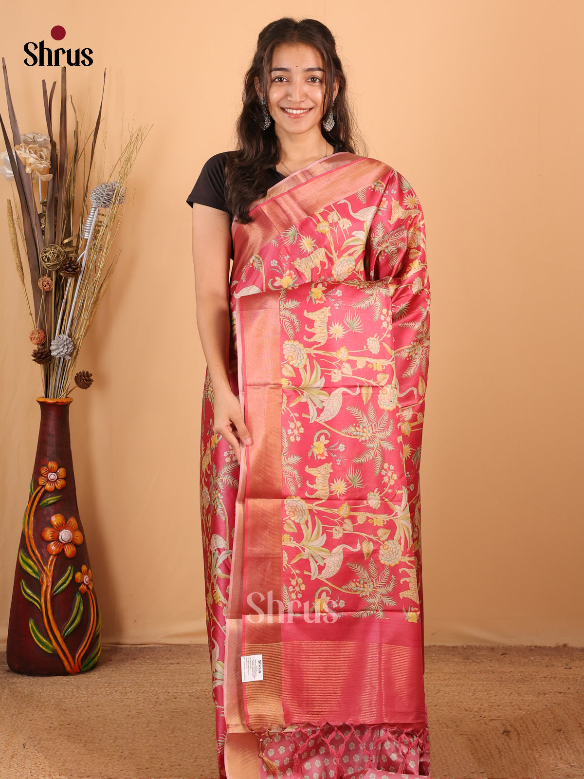 Pink - Printed Tussar Saree - Shop on Shrus.com