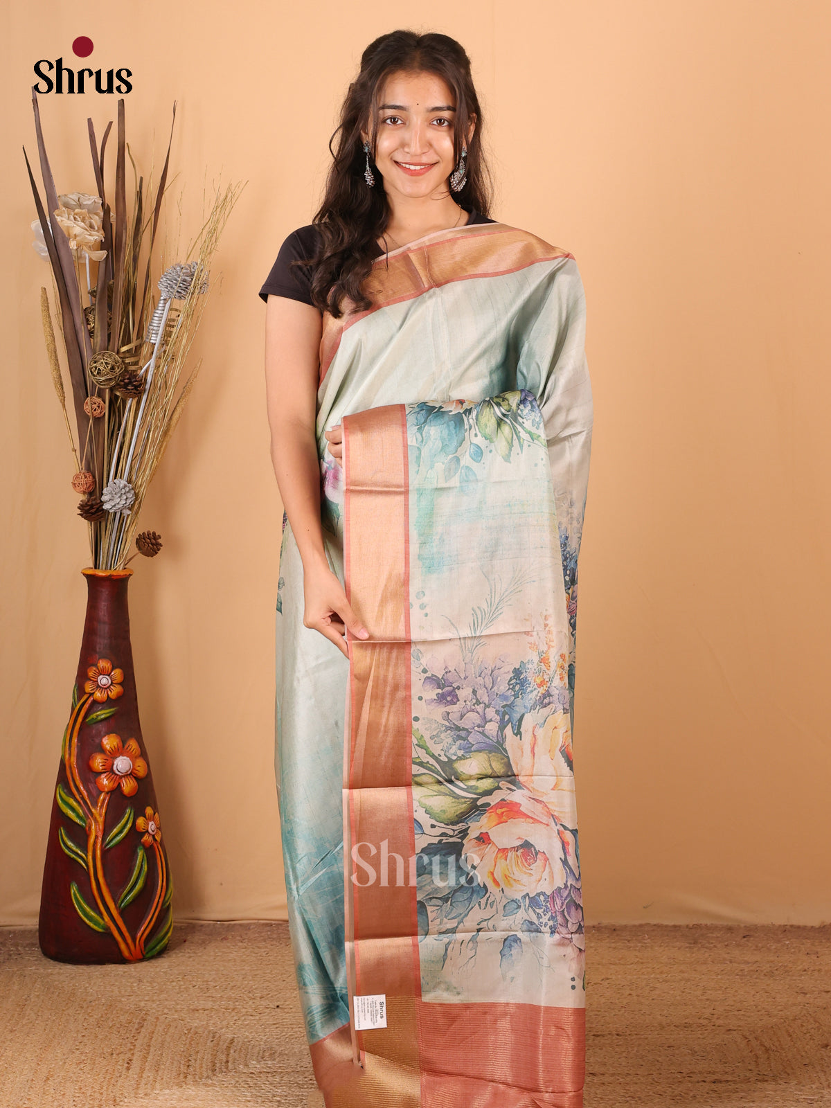 Blue & Brown - Printed Tussar Saree - Shop on Shrus.com