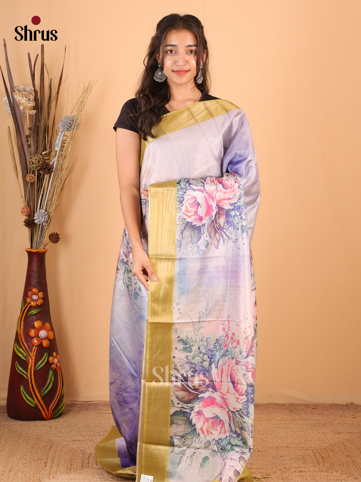 Purple & Green - Printed Tussar Saree - Shop on Shrus.com