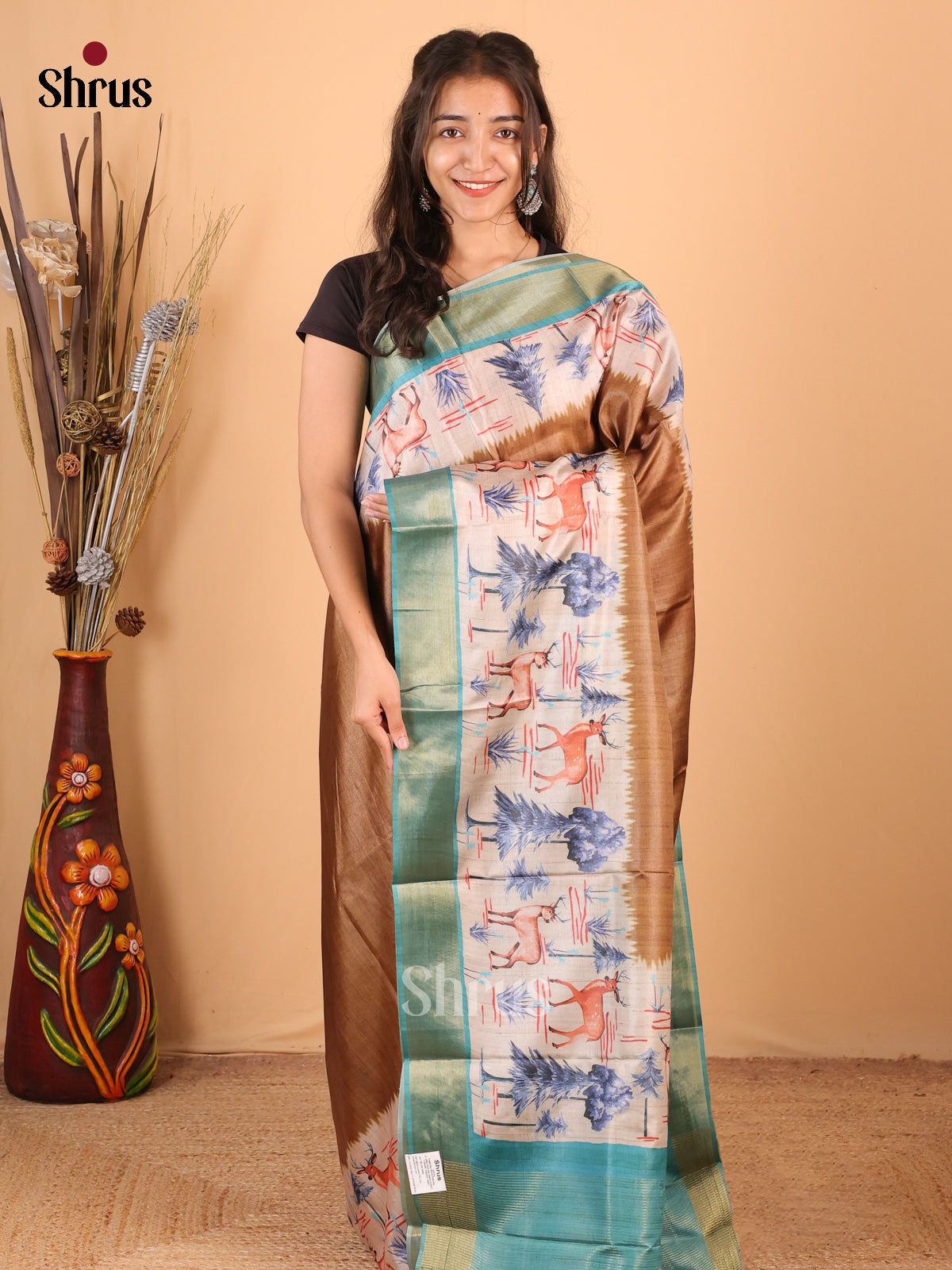 Brown & Blue - Printed Tussar Saree - Shop on Shrus.com