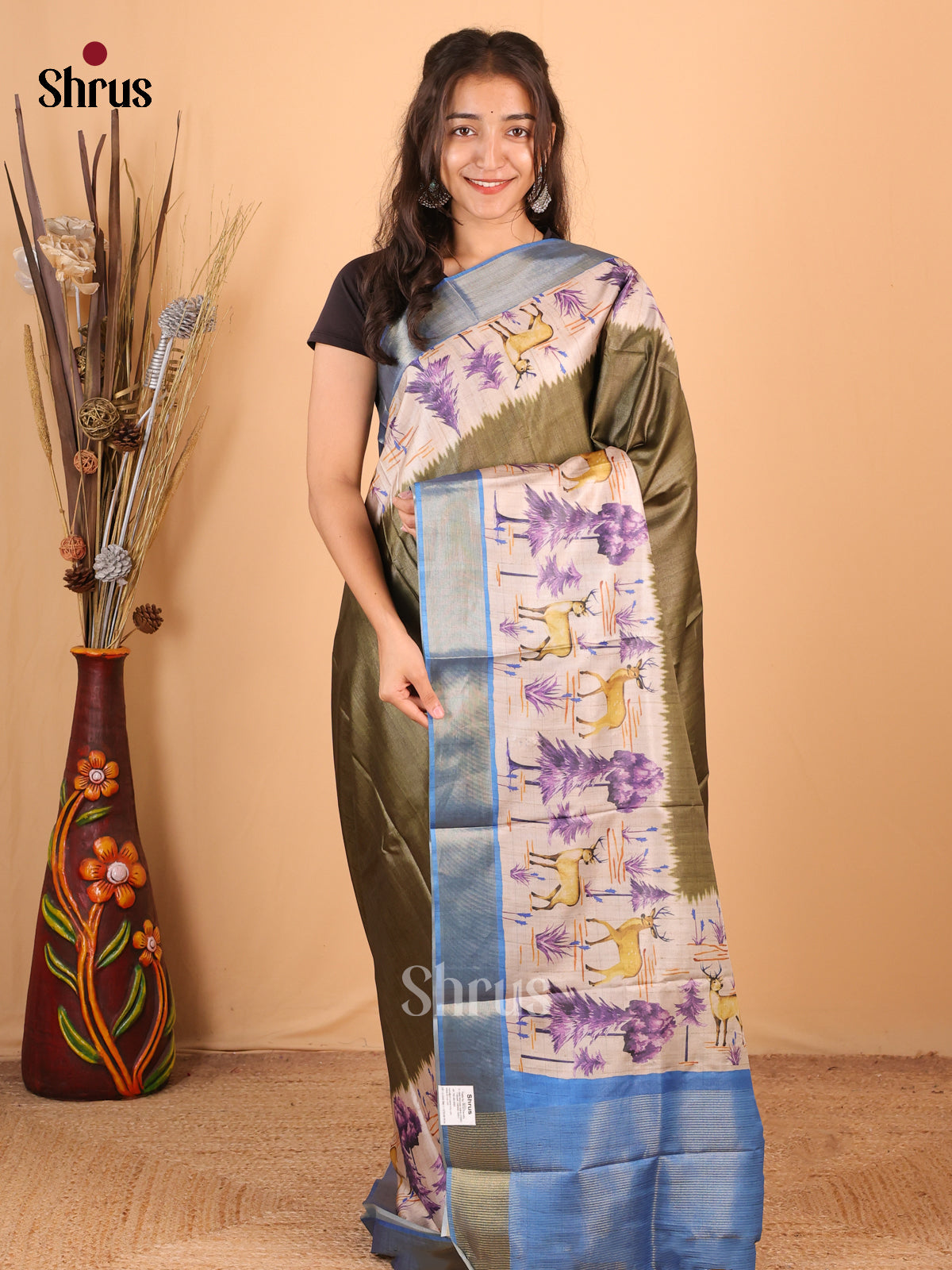 Green & Blue - Printed Tussar Saree - Shop on Shrus.com