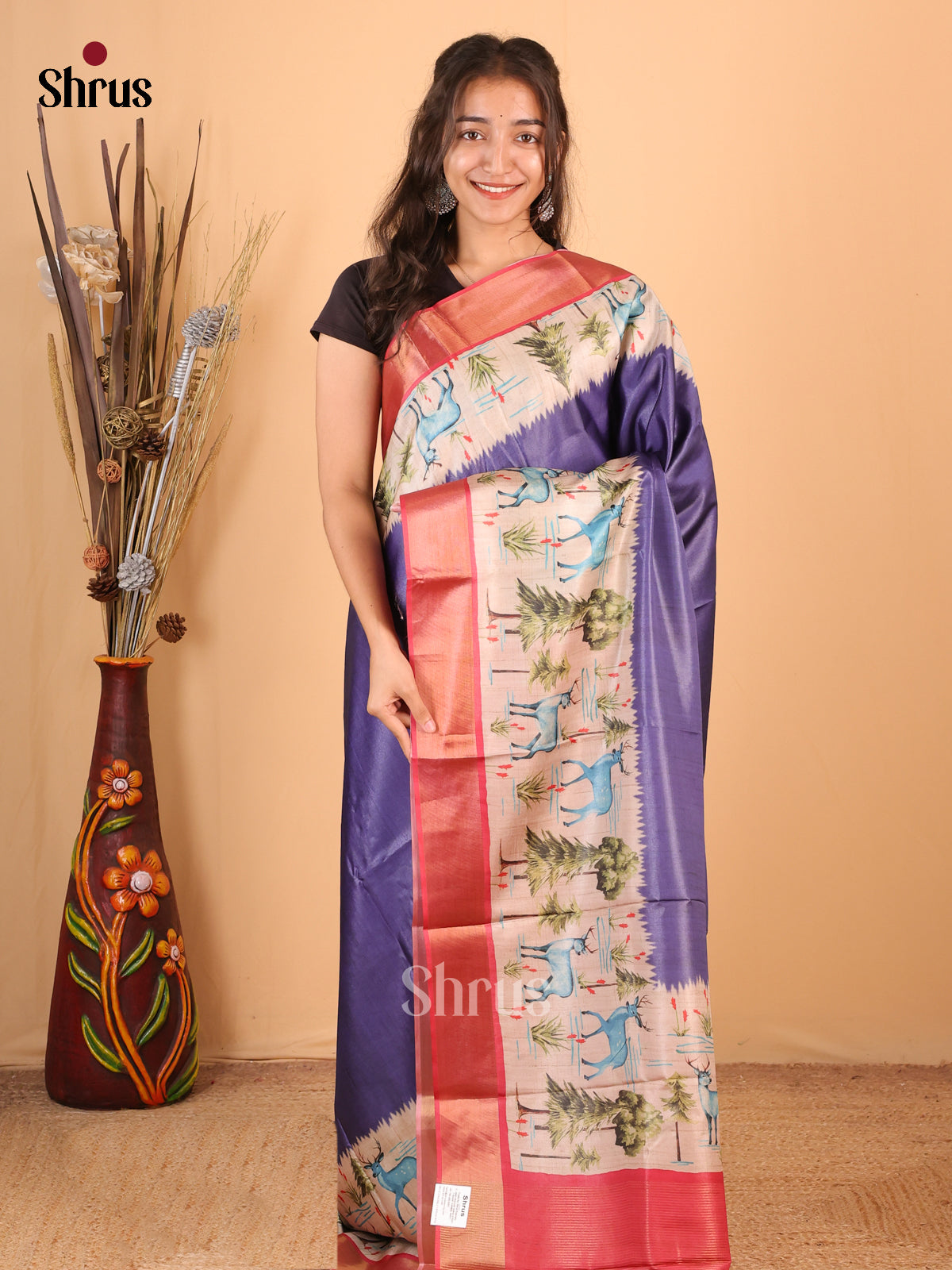 Blue & Maroon - Printed Tussar Saree - Shop on Shrus.com