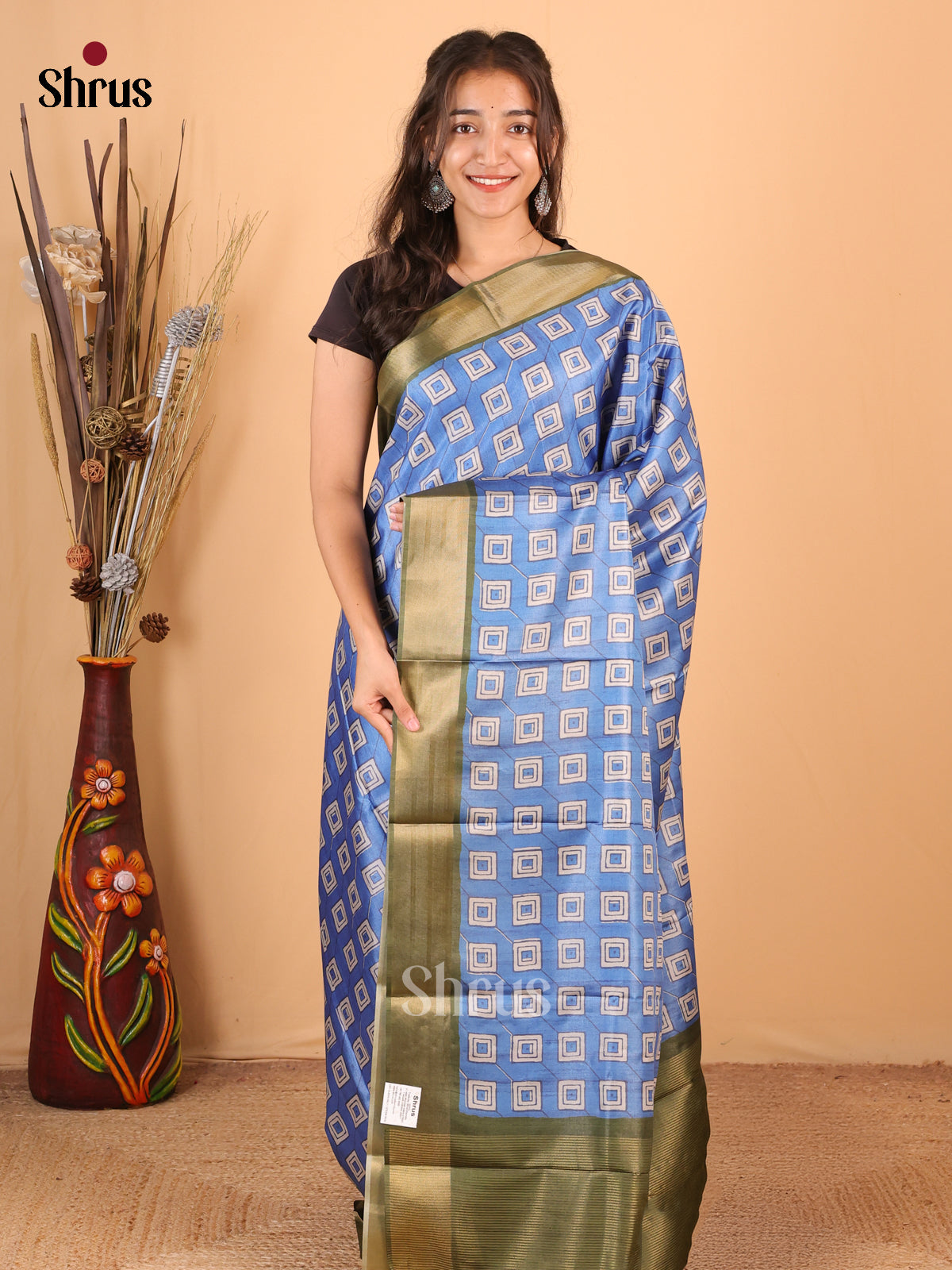 Blue & Green - Printed Tussar Saree - Shop on Shrus.com