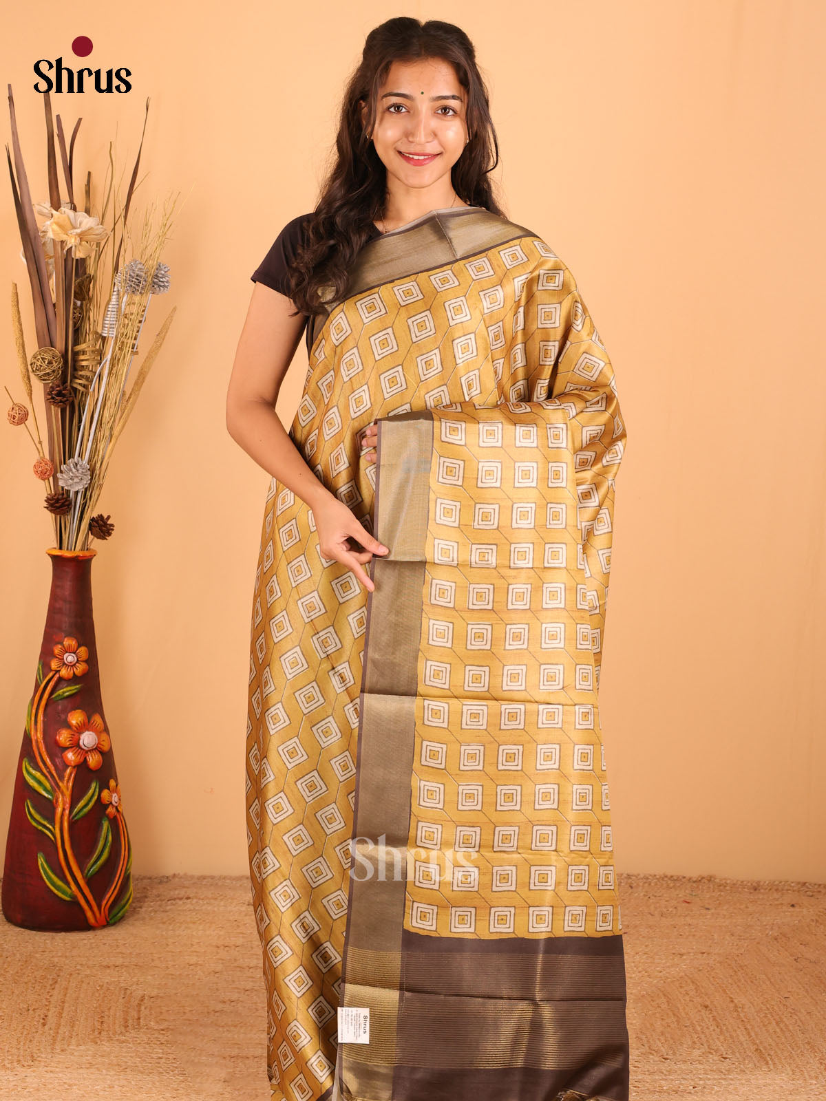 Mustard yellow & Brown - Printed Tussar saree - DCS04489 - Shop on Shrus.com