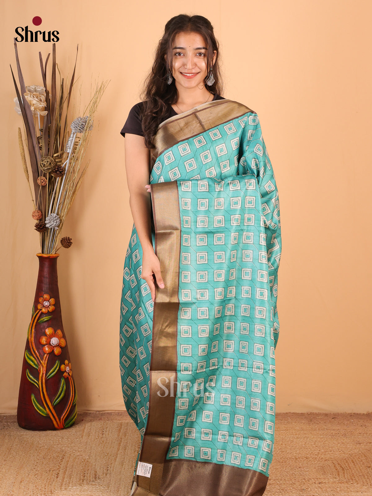 Blue - Printed Tussar Saree - Shop on Shrus.com