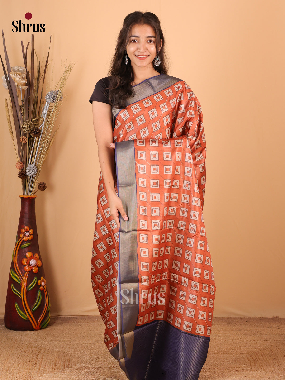Brick & Blue - Printed Tussar Saree - Shop on Shrus.com