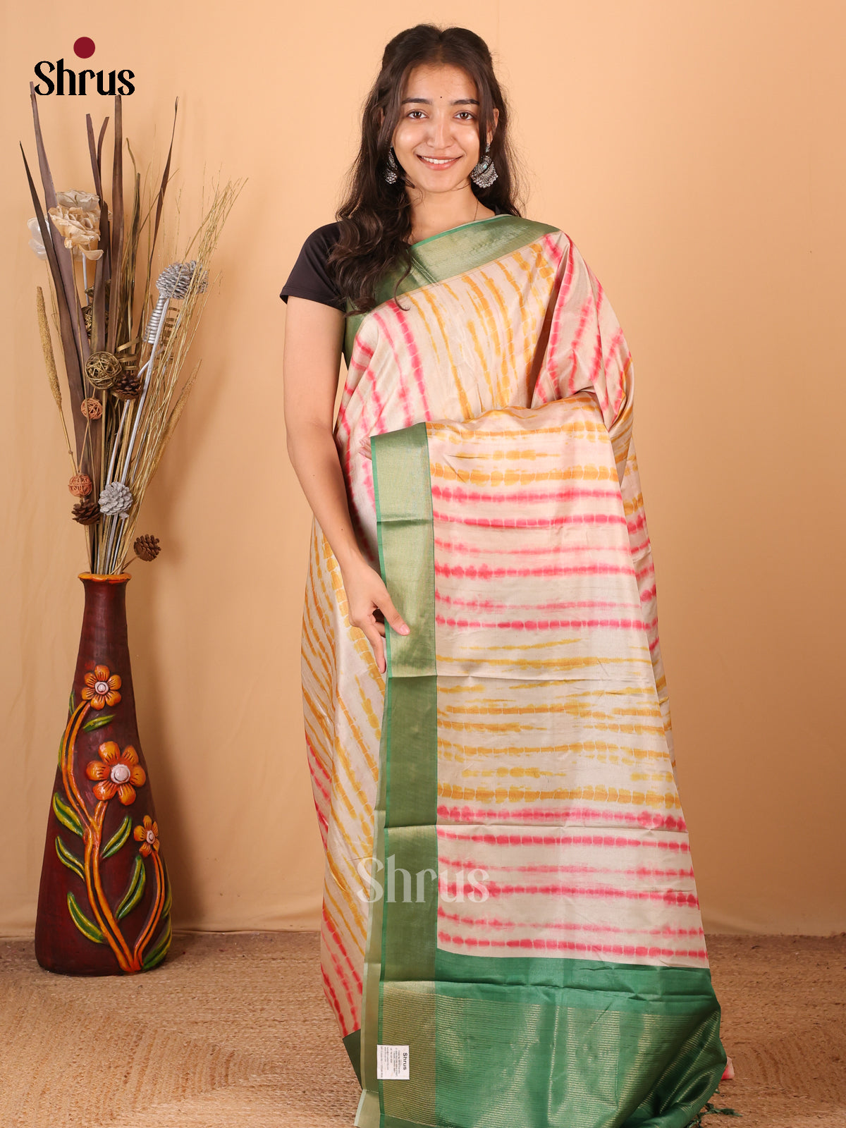 Cream & Green - Printed Tussar Saree - Shop on Shrus.com
