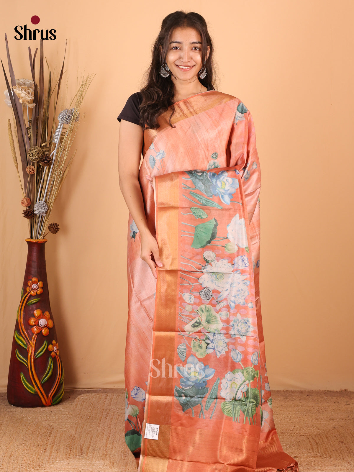 Brown - Printed Tussar Saree - Shop on Shrus.com