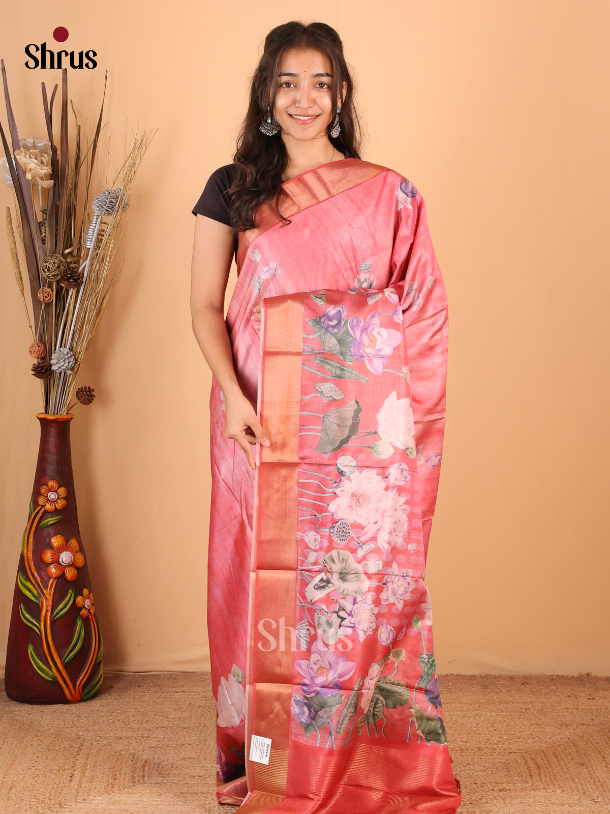 Pink - Printed Tussar Saree - Shop on Shrus.com