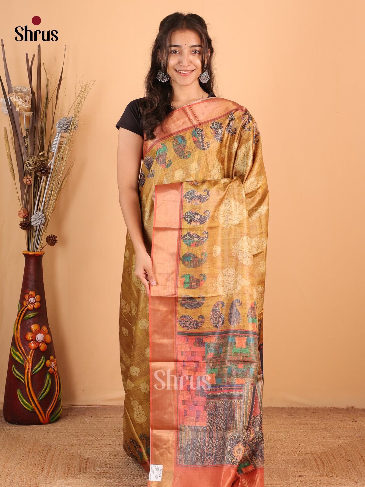 Dark Mustard & Brown - Printed Tussar Saree - Shop on Shrus.com