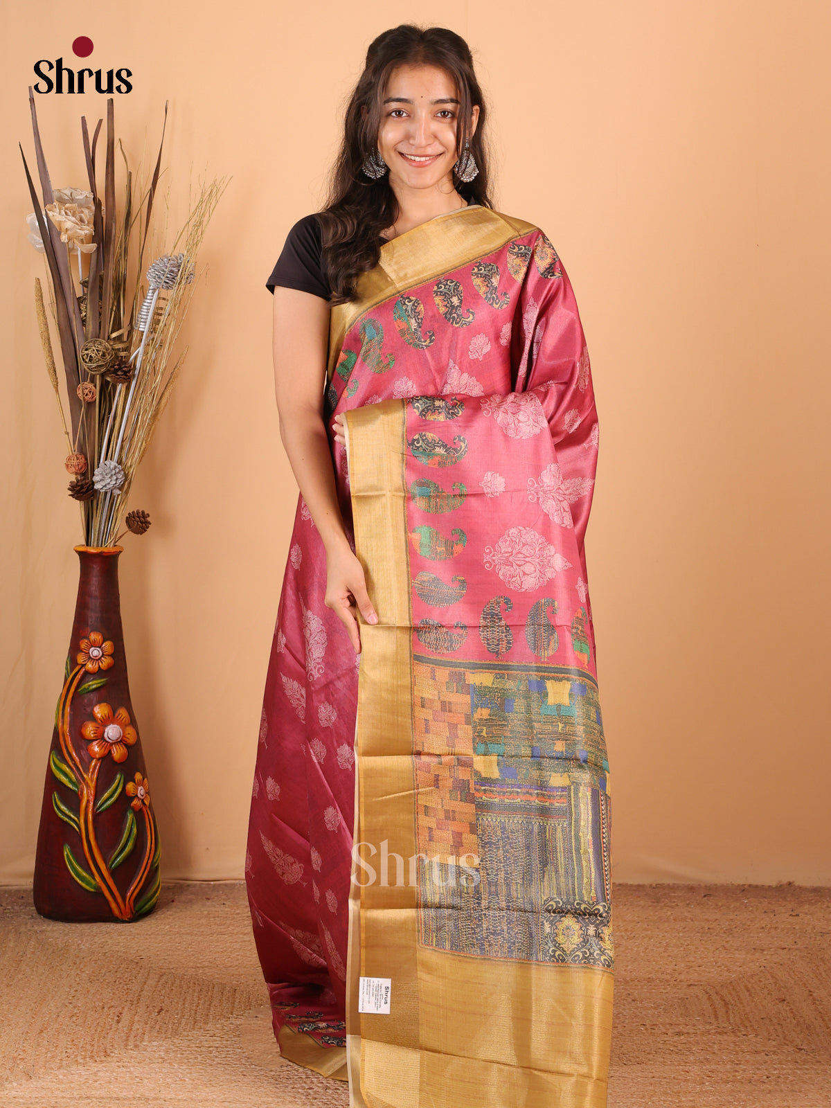 Red & Beige - Printed Tussar Saree - Shop on Shrus.com