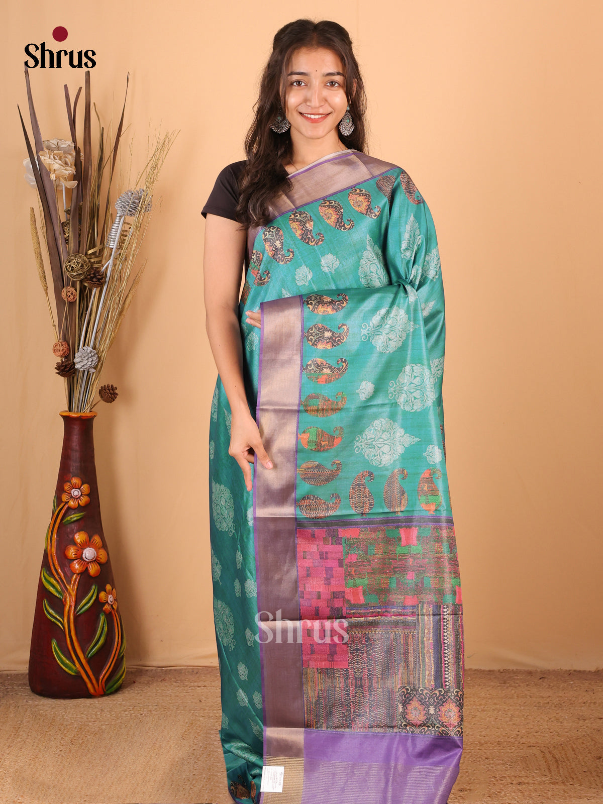 Green & Purple - Printed Tussar Saree - Shop on Shrus.com