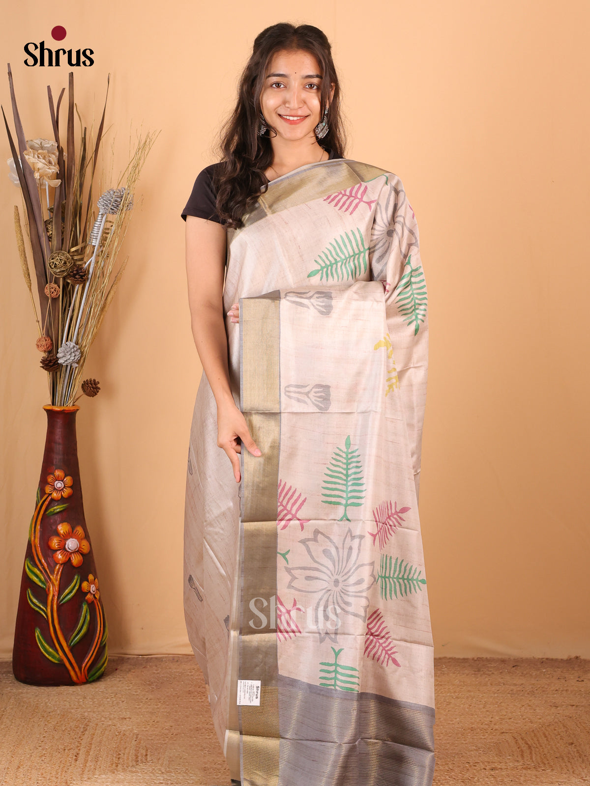 Cream & Grey - Printed Tussar Saree - Shop on Shrus.com