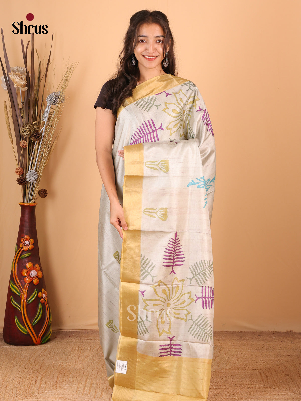 Cream & Gold - Printed Tussar Saree - Shop on Shrus.com