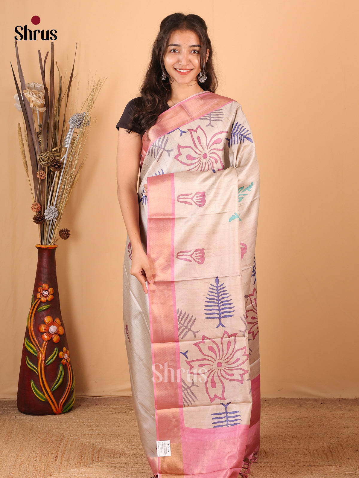 Pastel Pink - Printed Tussar Saree - Shop on Shrus.com