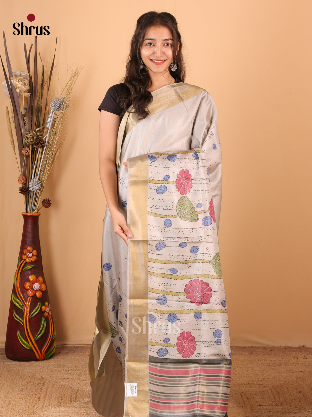 Cream - Printed Tussar Saree - Shop on Shrus.com