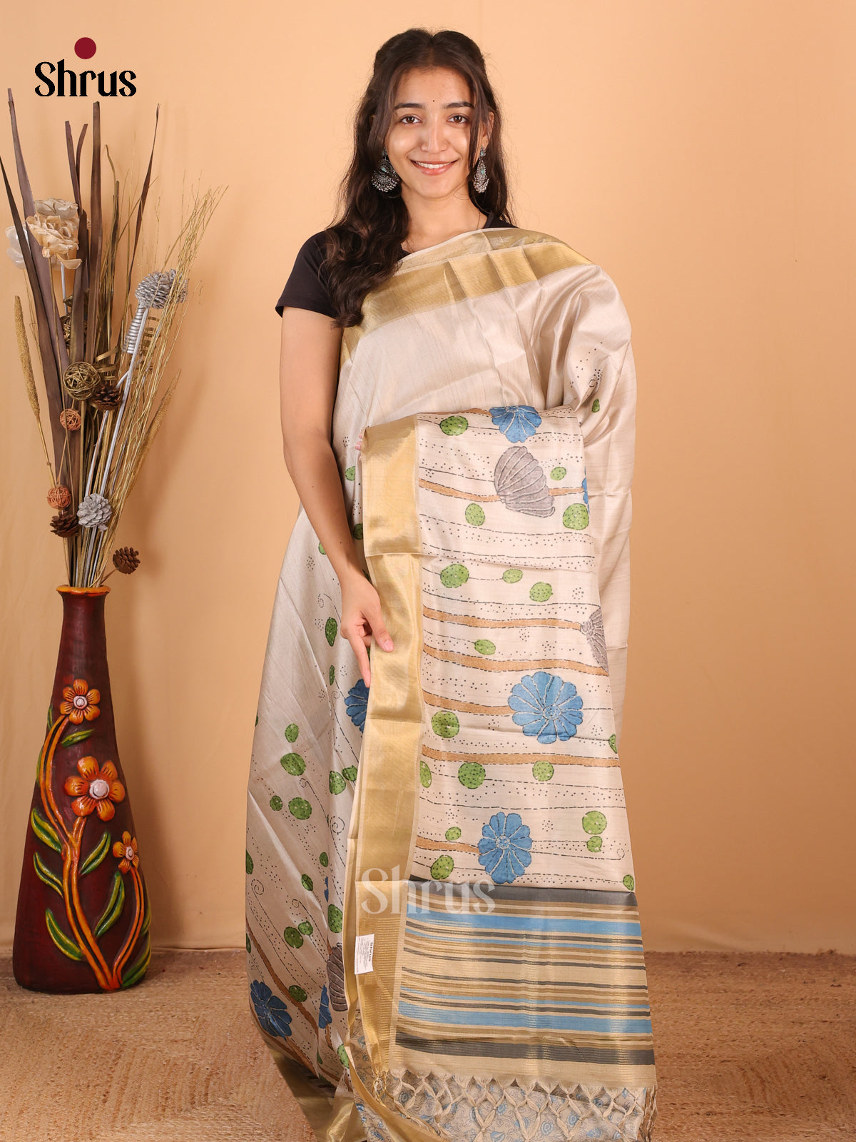 Cream - Printed Tussar Saree - Shop on Shrus.com