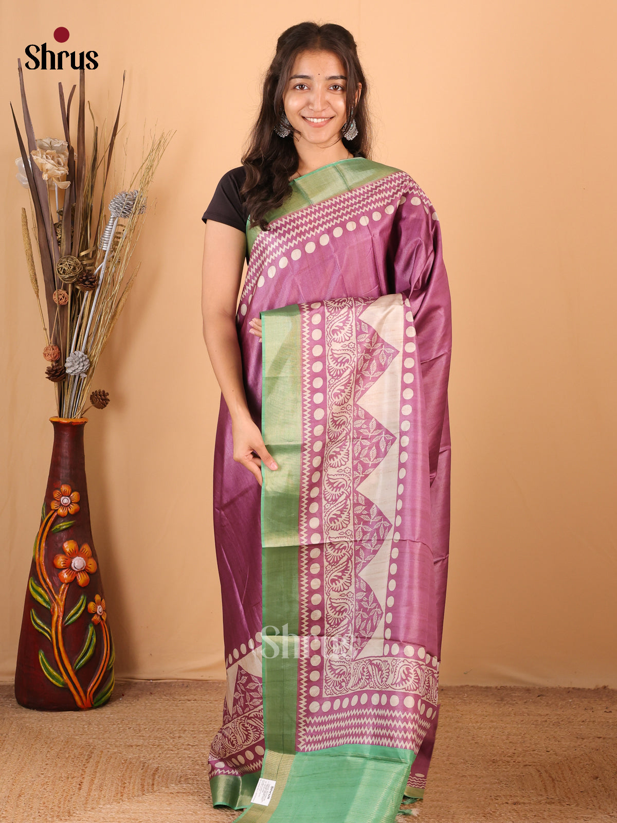 Purple & Green - Printed Tussar Saree - Shop on Shrus.com