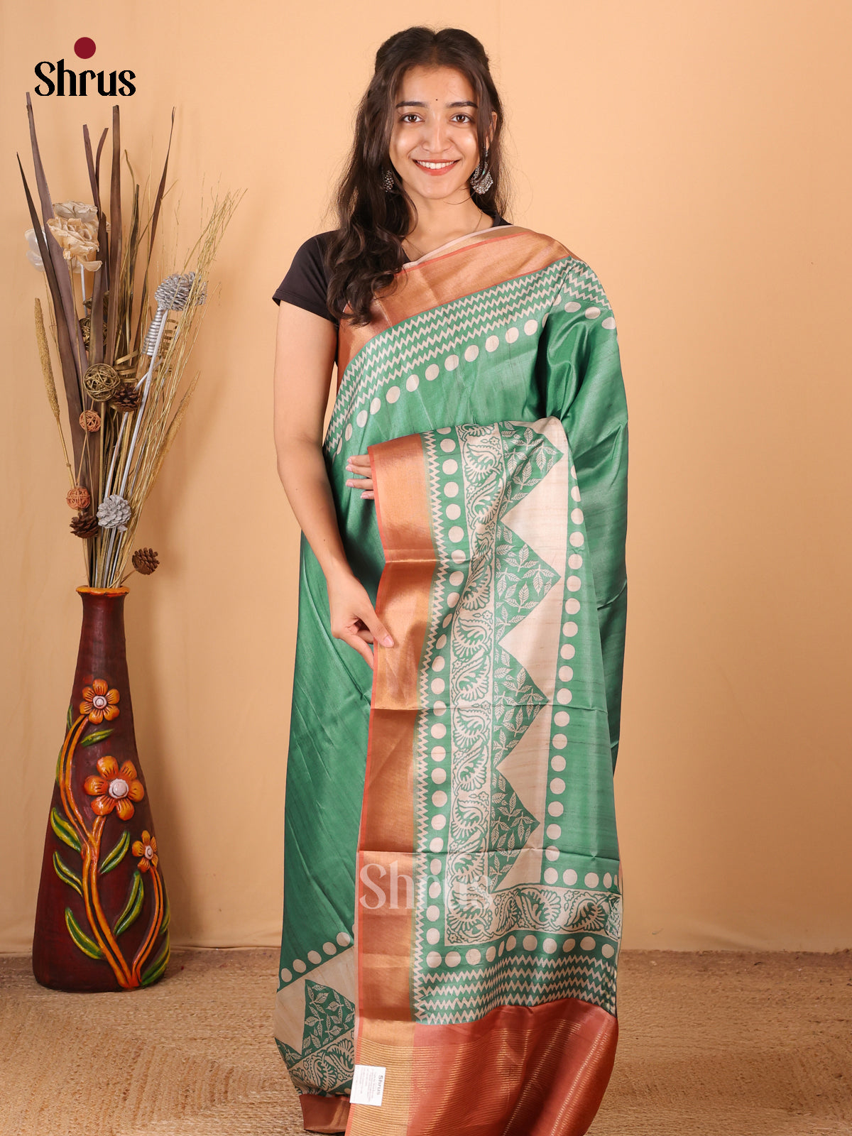 Green & Brown - Printed Tussar Saree - Shop on Shrus.com