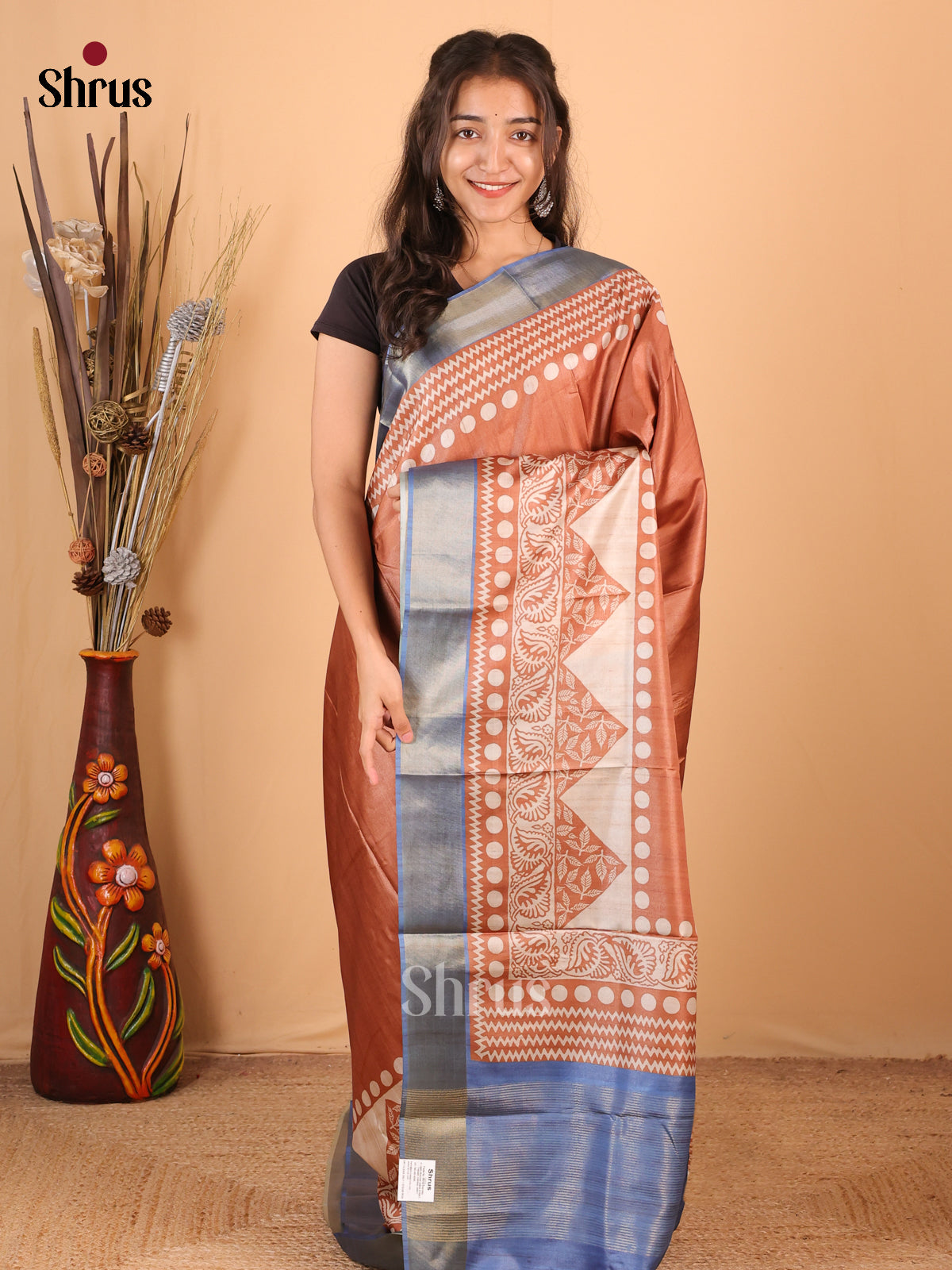 Brown & Blue - Printed Tussar Saree - Shop on Shrus.com