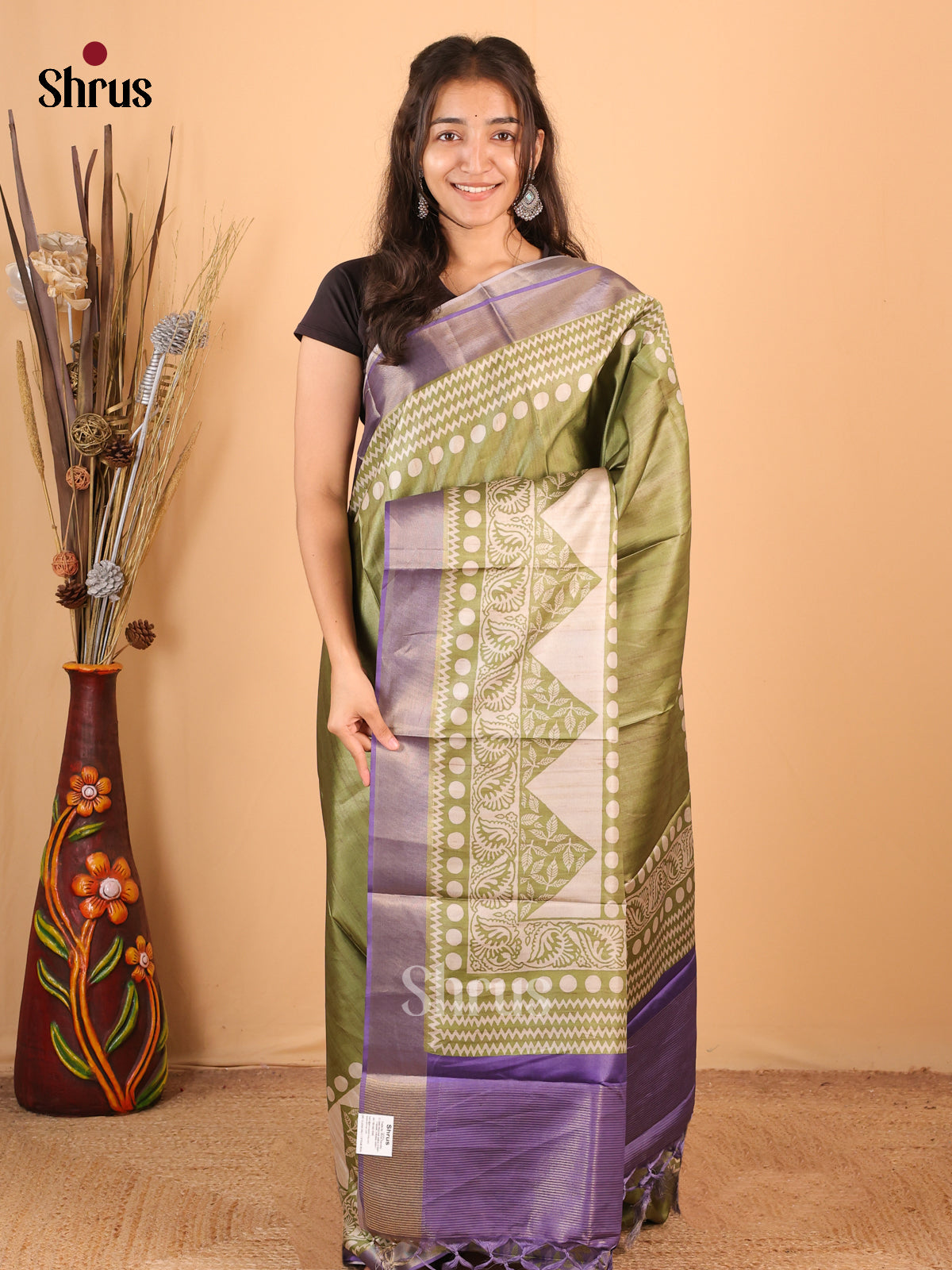 Green & Purple - Printed Tussar Saree - Shop on Shrus.com
