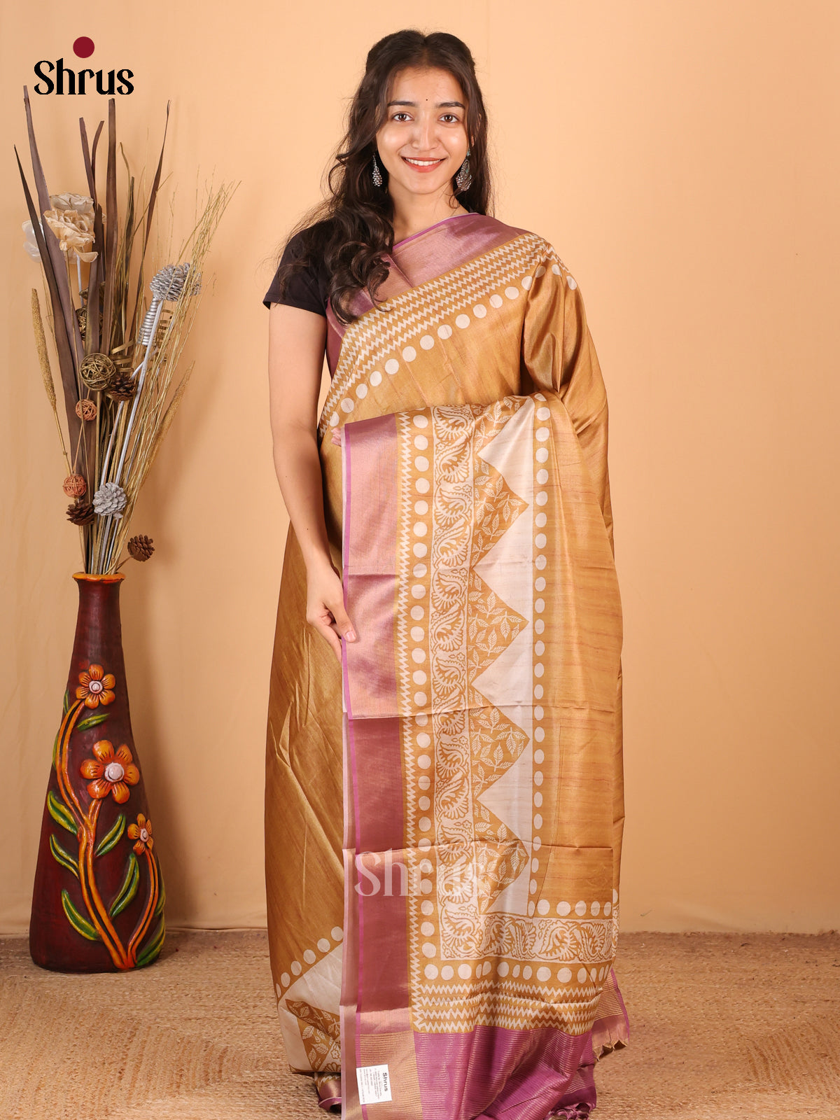 Mustard & Pink- Printed Tussar Saree - Shop on Shrus.com