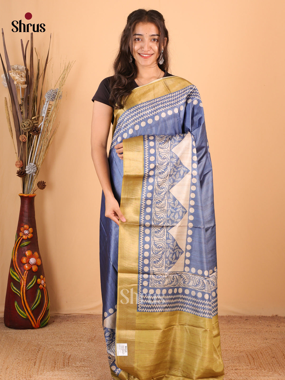 Blue & Mustardy Green - Printed Tussar Saree - Shop on Shrus.com