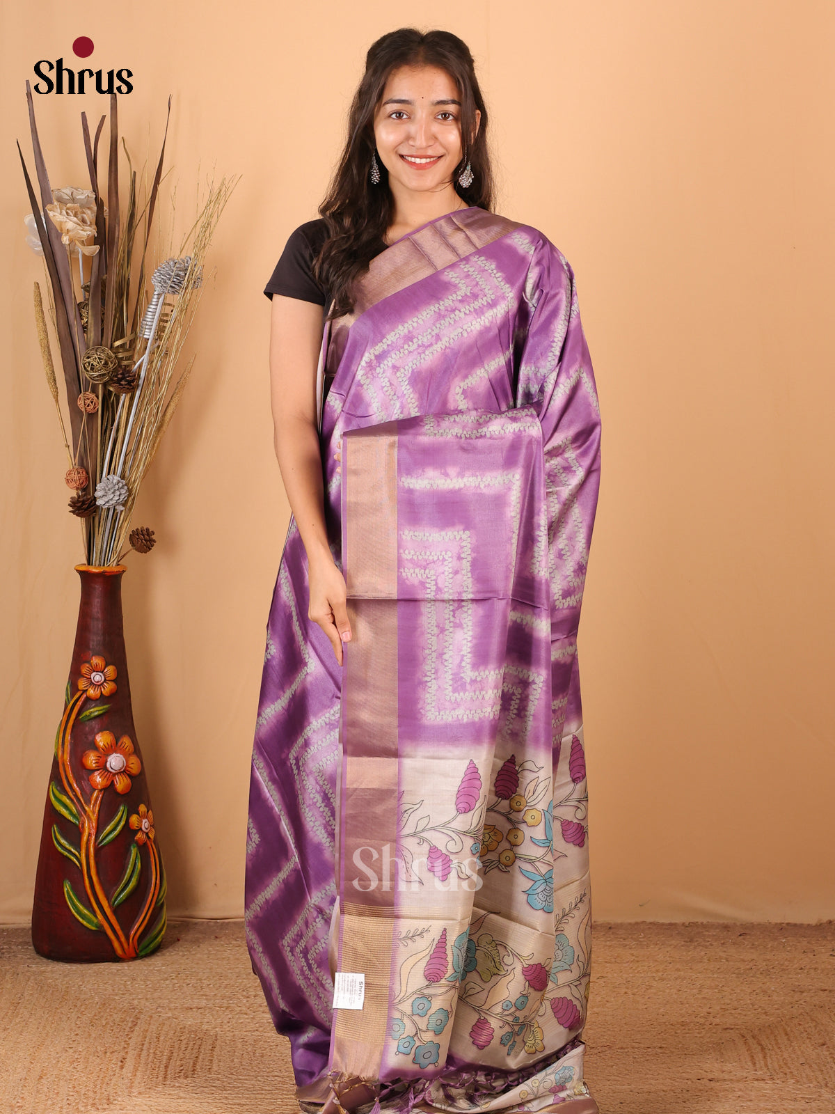 Purple & Cream - Printed Tussar Saree - Shop on Shrus.com