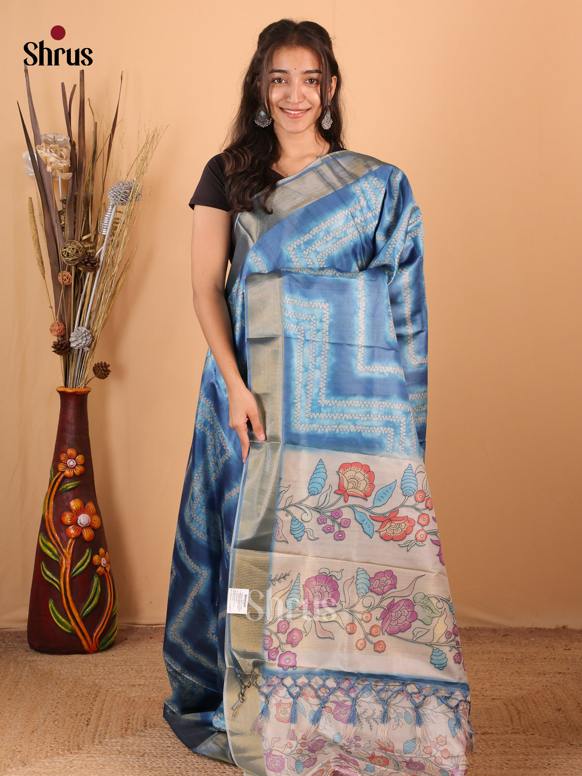 Blue & Cream - Printed Tussar Saree - Shop on Shrus.com