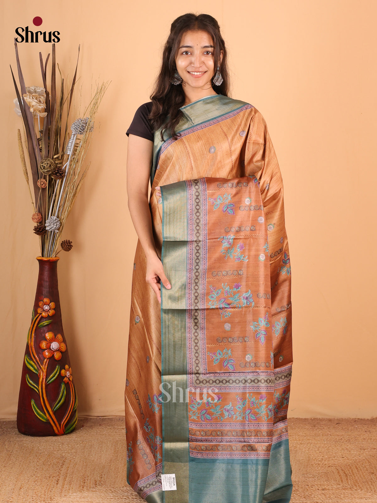 Brown & Blue - Printed Tussar Saree - Shop on Shrus.com