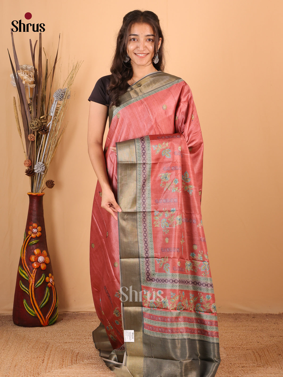 Red & Grey - Printed Tussar Saree - Shop on Shrus.com