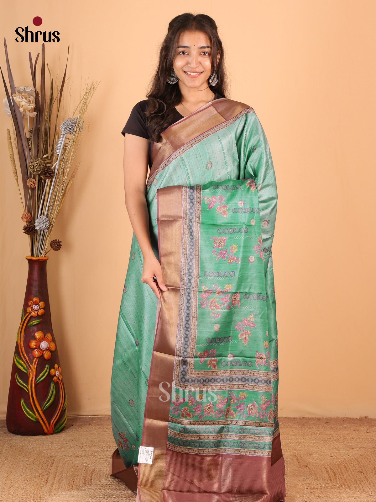 Green & Brown - Printed Tussar Saree - Shop on Shrus.com